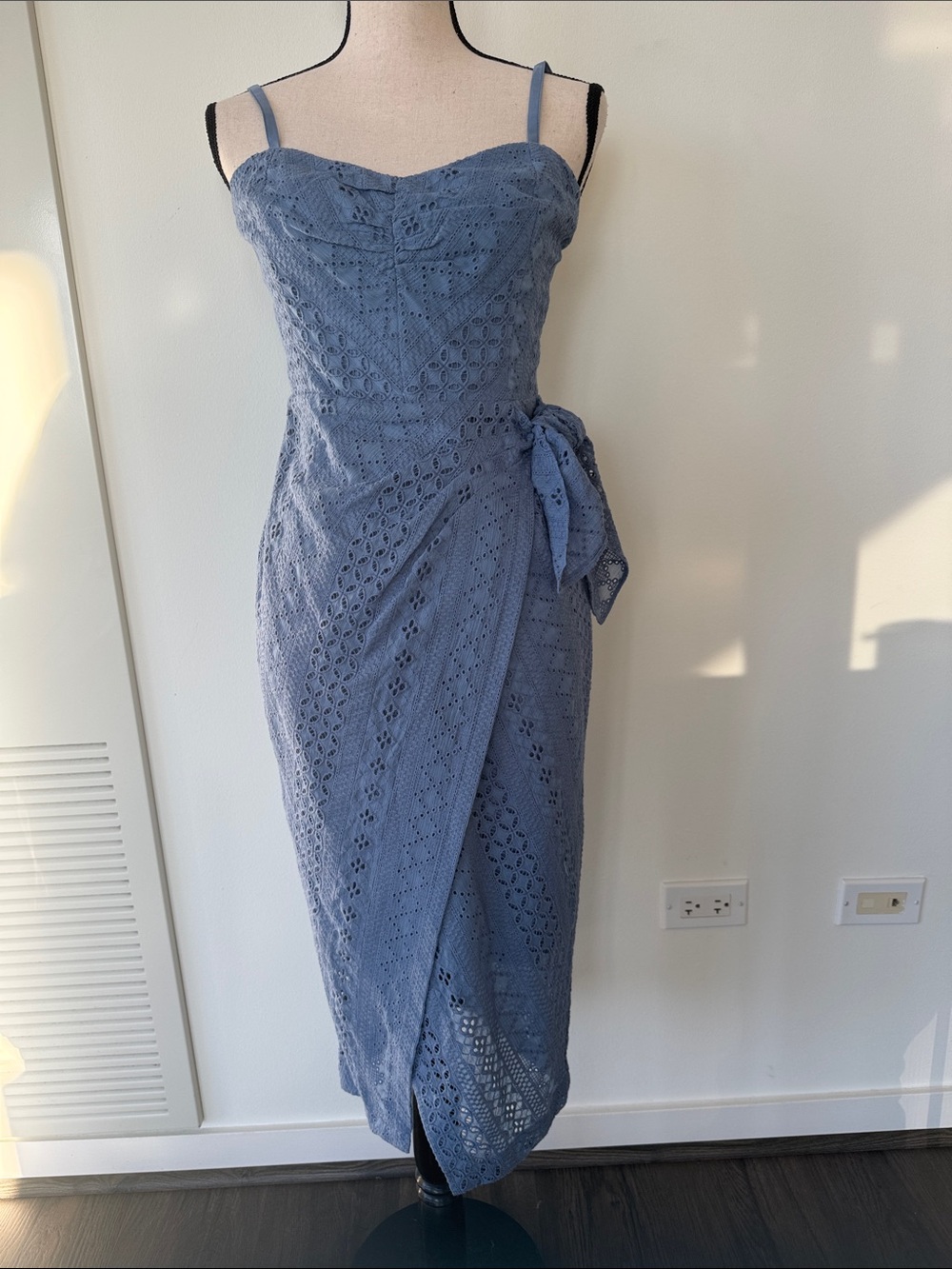 WHBM Blue Eyelet Faux Wrap Midi Dress
